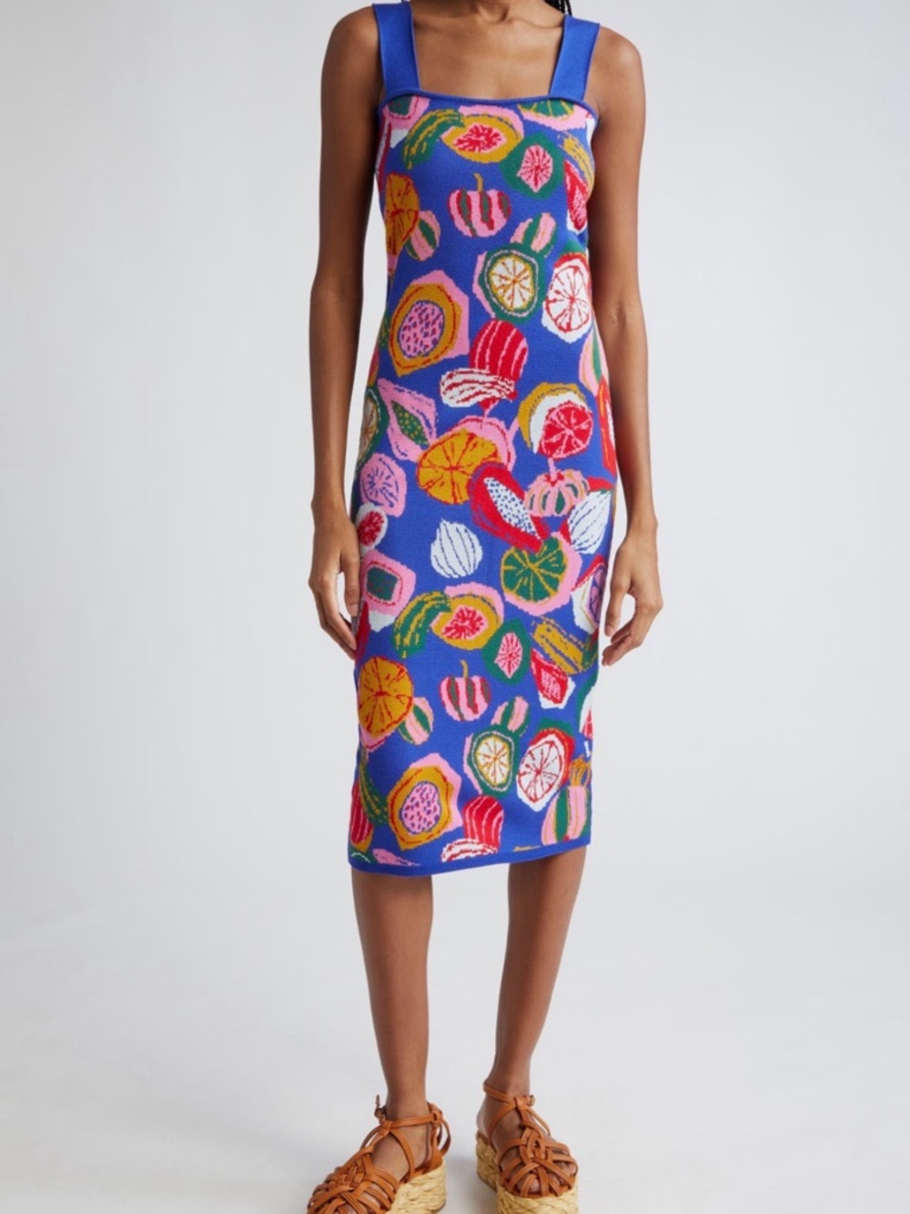 FARM Rio Blue Multicolor Fruit-Print Midi Dress